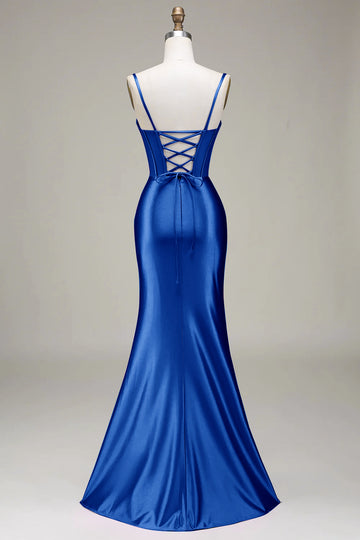 Simple Mermaid Spaghetti Straps Royal Blue Corset Prom Dress with Split Front